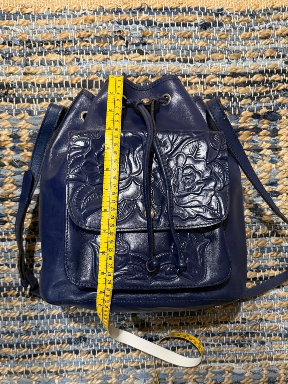 Patricia Nash Sabina Drawstring Bucket Bag Tooled Leather Patriotic Blue America - Picture 6 of 13